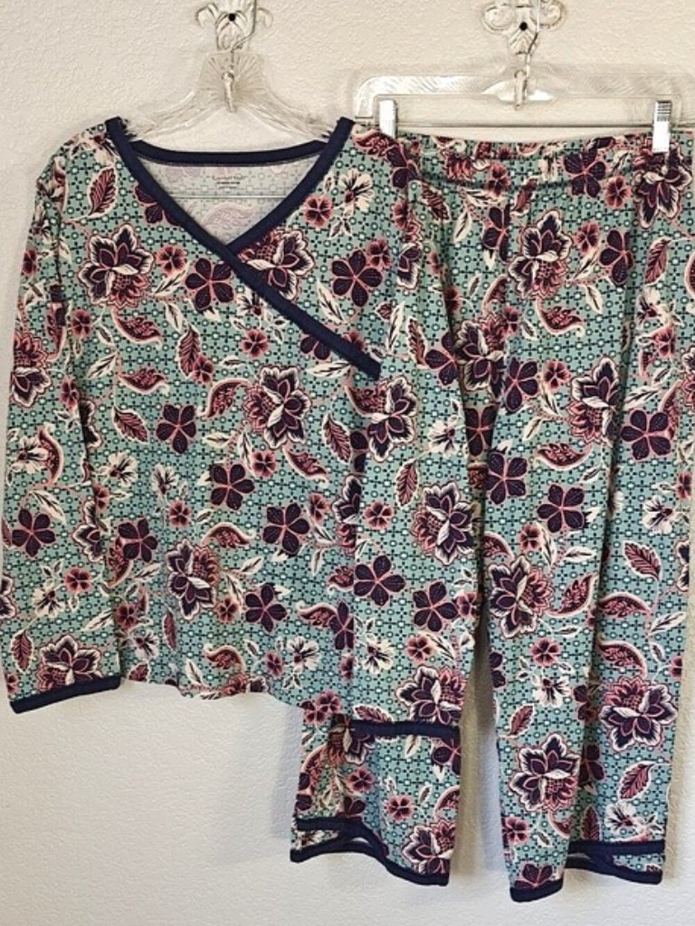 Garnet Hill Sz L Pajama Set Asian Wrap Organic-Cotton Long Sleeve Croppe Bottoms